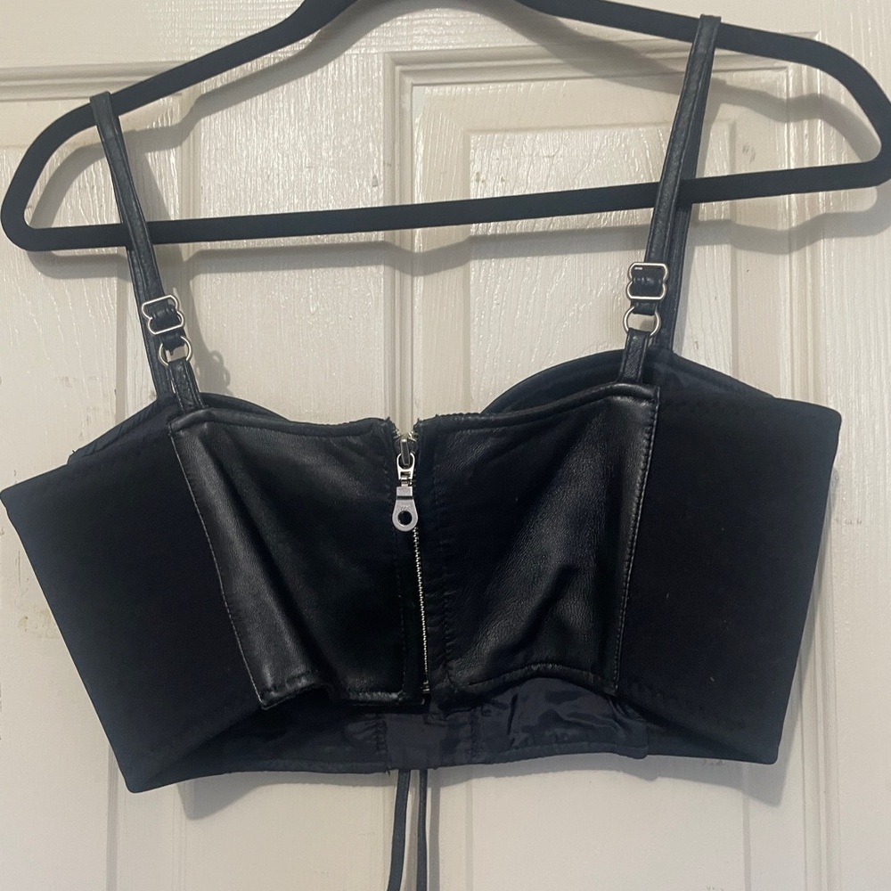 Vintage Genuine Black Leather Biker Corset Lace Up Front Bustier Bra Top Small - Picture 2 of 5